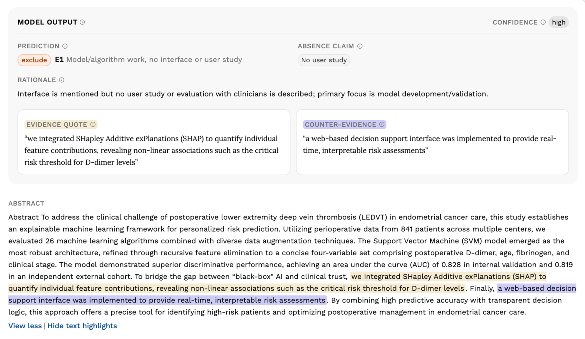 Model output panel with evidence quote and counter-evidence side by side, above an abstract with both spans highlighted in matching colors