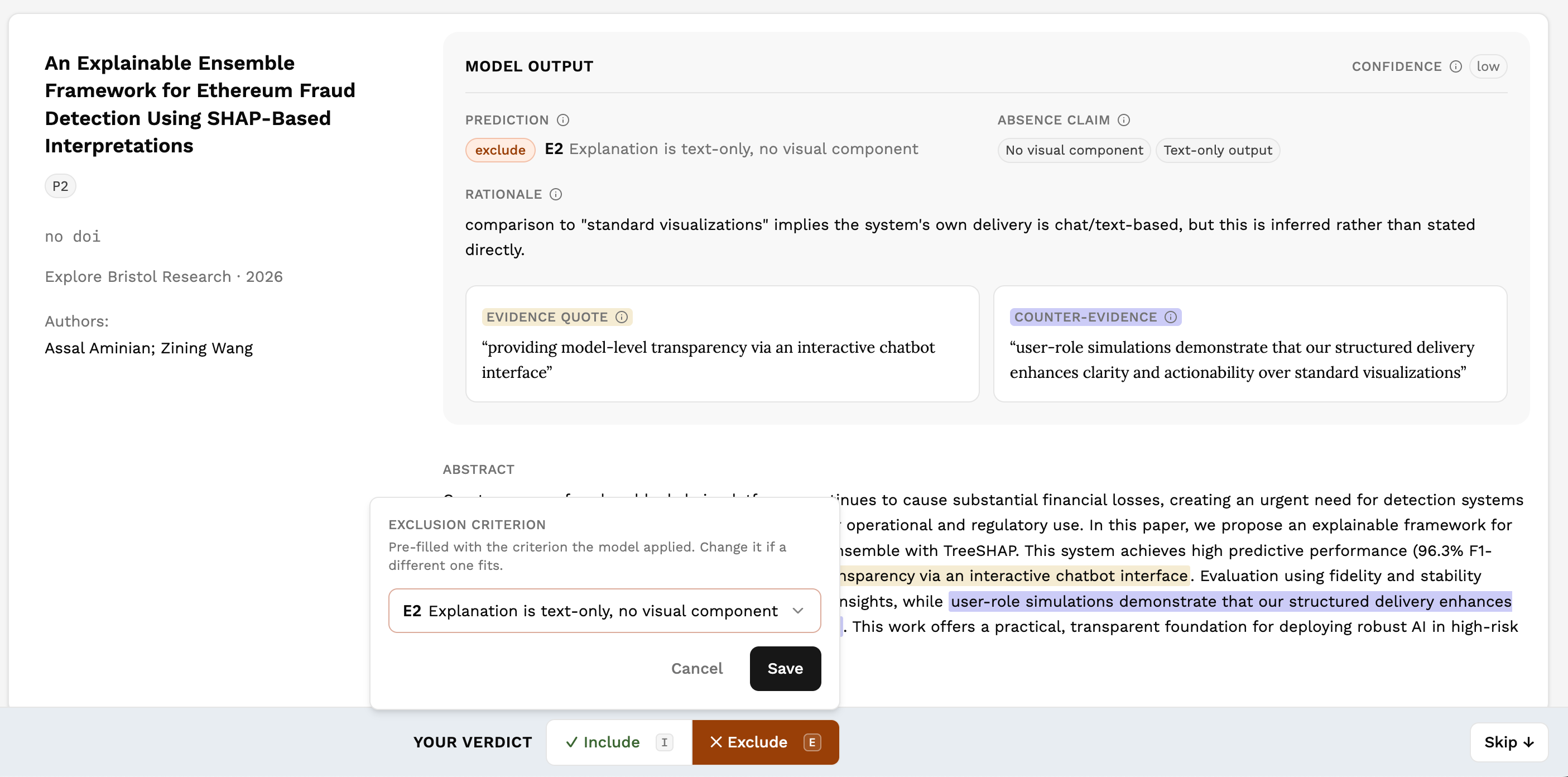 Exclusion criterion picker modal, pre-filled with E2 Explanation is text-only, no visual component, over an abstract with Cancel and Save buttons